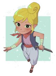 Rule 34 | 1girl, artist name, bandaged wrist, bandages, bandana, bandana around neck, black eyes, blonde hair, blue vest, border, closed mouth, commentary request, dark-skinned female, dark skin, full body, green background, highres, holding, holding sword, holding weapon, korean commentary, looking at viewer, nintendo, open clothes, open vest, outside border, pants, pointy ears, purple shirt, red bandana, red sash, reverse grip, sandals, sash, shirt, smile, solo, sword, tetra, the legend of zelda, the legend of zelda: phantom hourglass, the legend of zelda: the wind waker, vest, weapon, white border, white pants, zeldm