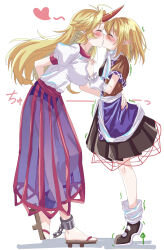 Rule 34 | 2girls, absurdres, anklet, arm warmers, black skirt, blonde hair, breasts, brown sandals, brown shirt, brown shoes, buruma, chain, closed eyes, commentary request, full body, geta, hayashida chiyo, heart, height difference, highres, horns, hoshiguma yuugi, jewelry, kiss, large breasts, long hair, loose socks, mizuhashi parsee, multiple girls, open mouth, pointy ears, purple buruma, purple skirt, red horns, red skirt, sandals, sash, scarf, see-through clothes, see-through skirt, shirt, shoes, short hair, short sleeves, single horn, skirt, socks, star (symbol), striped clothes, striped skirt, t-shirt, tiptoes, touhou, vertical-striped clothes, vertical-striped skirt, white sash, white scarf, white shirt, white socks, yuri