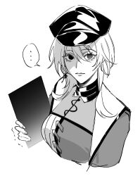 ... 1girl belt_collar closed_mouth collar collared_jacket collared_shirt cropped_torso empty_eyes eyelashes greyscale hair_between_eyes hat highres holding holding_tablet_pc jacket lapels layered_shirt lips long_sleeves military_hat military_uniform monochrome nightingale_(path_to_nowhere) open_clothes open_jacket path_to_nowhere peaked_cap peaked_lapels shirt short_hair_with_long_locks simple_background solo spoken_ellipsis tablet_pc toho10min trembling two-sided_fabric two-sided_jacket two-tone_shirt unamused white_background