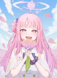 1girl bird_kim blue_archive blue_sky blush breasts cloud commentary dress falling_petals flower hair_bun happy highres holding holding_flower long_hair looking_at_viewer medium_breasts mika_(blue_archive) motion_blur open_mouth outdoors petals pink_flower pink_hair scrunchie single_side_bun sky smile solo straight-on upper_body white_dress wrist_scrunchie yellow_eyes