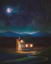 chimney door francisco_fonseca grass highres lamppost mountain night night_sky no_humans original path road rooftop sky star_(sky) window window_light
