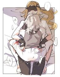 2girls barefoot black_gloves blindfold blonde_hair blush fingerless_gloves girl_on_top gloves long_hair lying multiple_girls on_back on_bed parted_lips pussy_juice rekka soldier_11_(zenless_zone_zero) speech_bubble trigger_(zenless_zone_zero) white_hair yuri zenless_zone_zero