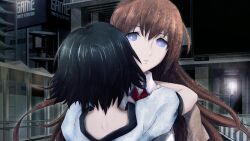2girls akihabara_(tokyo) arms_around_neck black_hair black_trim blue_dress bob_cut brown_hair brown_jacket chest_bow city clenched_teeth collared_shirt dress floating_hair from_behind game_cg hair_between_eyes hair_over_shoulder height_difference highres hug huke jacket jacket_partially_removed long_hair looking_at_another makise_kurisu multiple_girls nape necktie night official_art outdoors parted_lips puffy_short_sleeves puffy_sleeves purple_eyes purple_trim red_necktie ringed_eyes shiina_mayuri shirt short_hair short_sleeves square_pupils steins;gate surprised teeth white_shirt