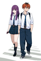 1boy 1girl black_hair black_pants black_socks blunt_bangs collared_shirt contemporary crosswalk fatzhai hand_in_pocket highres holding holding_hands holding_phone kneehighs long_hair looking_to_the_side multicolored_hair necktie pants phone plaid_clothes plaid_skirt purple_eyes purple_hair red_hair roots_(hair) school_uniform shirt short_hair short_sleeves skirt socks sousou_no_frieren stark_(sousou_no_frieren) striped_necktie twitter_username two-tone_hair walking white_background white_shirt