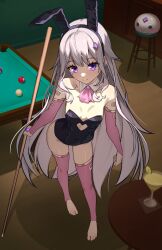 1girl absurdres alternate_costume animal_ear_hairband animal_ears barefoot billiards black_leotard breasts center-flap_bangs cleavage closed_mouth colored_inner_hair commentary contrapposto cutout_above_navel detached_collar detached_sleeves double-parted_bangs fake_animal_ears feet full_body gem gradient_hair grey_hair hair_flaps hairband hand_jewel hashtag-only_commentary highres holding_cue_stick hololive hololive_english indoors jewel_under_eye koseki_bijou leotard long_hair looking_at_viewer multicolored_hair pink_sleeves pink_thighhighs playboy_bunny pool_table purple_eyes purple_gemstone purple_hair rabbit_ear_hairband rabbit_ears sidelocks small_breasts smile solo strapless strapless_leotard table thighhighs toes very_long_hair virtual_youtuber x_xith_x