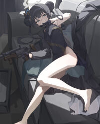 1girl absurdres bare_legs barefoot black_dress black_gloves black_hair blue_archive butterfly_hair_ornament china_dress chinese_clothes closed_mouth commentary couch cs/ls06 double_bun dragon_print dress feet gloves grey_eyes gun hair_bun hair_ornament half_gloves halo highres holding holding_gun holding_weapon kisaki_(blue_archive) legs lying on_couch on_side pinstripe_jacket pinstripe_pattern sleeveless sleeveless_dress solo summer_(724788381) toes twintails weapon