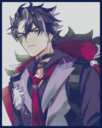 1boy bandaged_neck bandages black_border black_hair black_shirt blue_eyes border closed_mouth collared_shirt commentary fuku-ro genshin_impact grey_background grey_hair grey_vest hair_between_eyes highres looking_at_viewer male_focus multicolored_hair necktie red_necktie scar scar_on_neck shirt simple_background solo upper_body vest wriothesley_(genshin_impact)