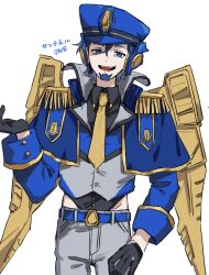 1boy beard belt black_gloves black_shirt blue_belt blue_capelet blue_hair blue_jacket capelet character_name collared_shirt epaulettes facial_hair gloves grey_pants grey_vest hair_between_eyes hip_vent humanization jacket kienai_11 male_focus mechanical_wings necktie pants sentinel_prime sentinel_prime_(transformers_one) shirt short_hair simple_background smile solo transformers transformers_one vest white_background wings