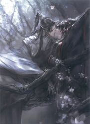 2boys arms_up bishounen black_hair black_hanfu blindfold bound bound_wrists branch chinese_clothes closed_eyes couple faux_traditional_media flower hair_ribbon hanfu headband high_ponytail highres hug in_tree ink_wash_painting kcllzas163 kiss lan_wangji long_hair long_sleeves male_focus modao_zushi multiple_boys ponytail red_ribbon ribbon robe sitting sitting_in_tree sleeves_past_wrists third-party_source tree wei_wuxian white_flower white_hanfu white_headband wide_sleeves xiao_guan_(headdress) yaoi