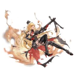 1girl :d armored_boots black_hat black_thighhighs blonde_hair boots breasts chongning detached_sleeves drum_magazine dual_drum_magazine floating full_body garrison_cap girls&#039;_frontline gloves grey_skirt grey_sleeves gun hat high-waist_skirt highres holding holding_gun holding_weapon long_hair looking_ahead machine_gun magazine_(weapon) medium_breasts mg15 mg15_(girls&#039;_frontline) official_art open_mouth orange_eyes red_gloves red_shirt shirt simple_background skirt sleeveless sleeveless_shirt smile solo tachi-e thigh_boots thighhighs third-party_source torn_boots torn_clothes torn_shirt torn_sleeves torn_thighhighs transparent_background underboob weapon