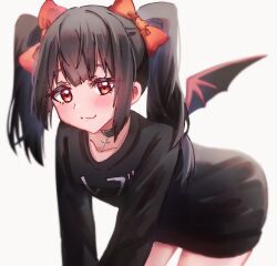 Rule 34 | 1girl, bat wings, black dress, black hair, black sweater, blush, breasts, choker, closed mouth, cross, cross necklace, dress, fangs, hair ribbon, indie virtual youtuber, jewelry, karses, leaning forward, long sleeves, looking at viewer, necklace, official art, red eyes, rev says desu, ribbon, small breasts, smile, sweater, thighhighs, thighs, twintails, virtual youtuber, wings