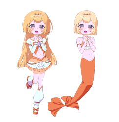 1girl :d absurdres armlet bare_shoulders blonde_hair blush clenched_hands cropped_shirt frilled_skirt frilled_socks frills hands_up highres jewelry legs_together long_hair long_sleeves loose_socks mermaid midriff miniskirt monster_girl multiple_views navel open_mouth orange_shoes original pearl_armlet raised_eyebrows shirt shoes short_hair simple_background single_bare_arm skirt smile socks standing standing_on_one_leg straight_hair teeth tiara upper_teeth_only white_background white_shirt white_skirt white_socks yellow_eyes yu1_na12