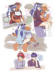 2girls 3boys ahoge amemiya_darumi babykatafan bag bandaged_arm bandages bisexual_female bisexual_male black_hair black_skirt black_stripes blonde_hair blue_hair bowl closed_mouth collar couch crop_top cuddling dark-skinned_female dark_skin drinking drinking_straw face_piercing food heart highres hug japanese_clothes kawana_tsubasa lip_piercing long_hair long_sleeves makeup multicolored_hair multicolored_skirt multiple_boys multiple_girls navel omokage_yugamu open_mouth piercing pillow pleated_skirt popcorn red_hair red_skirt red_stripes shirt shopping_bag short_hair simple_background sitting sitting_on_lap sitting_on_person skirt smile striped_clothes striped_shirt sumino_takumi the_hundred_line_-last_defense_academy- twintails white_background yaoi yuri
