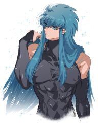 10261025 1boy abs alternate_costume androgynous aqua_hair aquarius_camus bare_shoulders black_bodystocking black_bodysuit black_bridal_gauntlets blue_eyes blue_hair bodystocking bodysuit bridal_gauntlets covered_erect_nipples elbow_gloves expressionless girly_boy gloves hand_up highres long_eyelashes looking_to_the_side male_focus muscular muscular_male saint_seiya sleeveless sleeveless_bodysuit solo