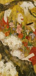 1girl :d ^_^ blonde_hair character_request closed_eyes cup floral_print flower hair_ornament highres holding holding_cup japanese_clothes kimono long_hair long_sleeves nige_jouzu_no_wakagimi on_tree open_mouth ponytail red_kimono sakazuki smile solo tree triowood33 white_flower