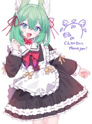 1girl animal_ears apron black_dress blue_eyes blush bow commentary commission commissioner_name cowboy_shot dress green_hair hair_ornament hair_ribbon hand_up highres long_hair long_sleeves looking_at_viewer medium_hair morumoru_x open_mouth original red_bow red_ribbon ribbon signature simple_background skeb_commission smile solo thank_you white_apron white_background