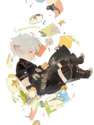 1boy black_gloves black_shirt black_shorts commission dolphin english_text final_fantasy final_fantasy_xiv fingerless_gloves full_body gloves grey_hair highres koubayouniao male_focus moogle open_mouth sabotender scissors shirt shorts smile solo warrior_of_light_(ff14) white_background yellow_eyes