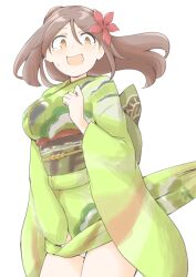 Rule 34 | 1girl, akara kai, amagi (kancolle), blush, breasts, brown eyes, brown hair, clothes lift, cloud print, embarrassed, flower, green kimono, hair between eyes, hair flower, hair ornament, highres, japanese clothes, kantai collection, kimono, kimono lift, large breasts, leaf hair ornament, long hair, looking at viewer, mole, mole under eye, obi, open mouth, ponytail, sash, tears, white background, wide ponytail, wide sleeves