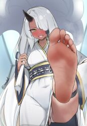 1girl absurdres aya_(trickcal) barefoot blush dark-skinned_female dark_skin feet foot_up grin hair_over_one_eye highres horns japanese_clothes long_hair looking_at_viewer namukot panties pantyshot pov single_horn smile soles steam toes trickcal underwear white_hair yellow_eyes