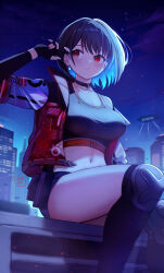 1girl absurdres aircraft artist_name black_choker black_gloves black_sports_bra blue_hair blush breasts building choker city cleavage closed_mouth commentary dirigible dreadpunk earclip earrings english_commentary feet_out_of_frame fingerless_gloves fingernails gloves gun handgun highres holster holstered jacket jewelry knee_pads large_breasts long_fingernails looking_to_the_side midriff nail_polish navel night off_shoulder open_clothes open_jacket original outdoors over-kneehighs red_eyes red_jacket red_nails short_hair sitting skyscraper solo split_mouth sports_bra star_(sky) thighhighs tucking_hair weapon