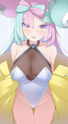 1girl absurdres alternate_breast_size bare_shoulders blush bow-shaped_hair breasts character_hair_ornament green_hair groin hair_ornament hexagon_print highres iono_(pokemon) jacket large_breasts leotard long_hair long_sleeves looking_at_viewer multicolored_hair nintendo off_shoulder open_mouth oversized_clothes pink_eyes pink_hair pokemon pokemon_sv print_leotard solo split-color_hair thigh_gap thighs two-tone_hair very_long_sleeves x xlyami yellow_jacket