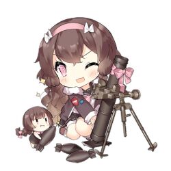 2girls :d ammunition artillery_fairy_(girls&#039;_frontline) badge black_sailor_collar black_skirt blush blush_stickers bomb bow bowtie braid brown_dress brown_hair brown_jacket brown_shoes button_badge chibi dress explosive fairy_(girls&#039;_frontline) full_body fur-trimmed_jacket fur_trim girls&#039;_frontline grin hair_bow hair_down hairband holding holding_bomb jacket kneeling long_hair long_sleeves looking_at_viewer mortar_(weapon) mortar_shell multiple_girls official_art one_eye_closed open_mouth pink_bow pink_bowtie pink_eyes pink_hairband pink_ribbon ribbon sailor_collar saru shirt shoes shorts simple_background single_braid skirt slit_pupils smile sparkle third-party_source transparent_background v-shaped_eyes white_bow white_shirt white_shorts |_|