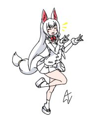 1girl acesrulez animal_ears blush bow bowtie closed_eyes collared_shirt extra_ears fox_ears fox_girl fox_shadow_puppet fox_tail fur_trim gloves hair_between_eyes jacket kemono_friends long_hair long_sleeves oinari-sama_(kemono_friends) okobo open_mouth platform_sandals pleated_skirt red_bow red_bowtie sandals shirt sidelocks skirt socks solo standing standing_on_one_leg tabi tail white_fur white_gloves white_hair white_jacket white_sandals white_shirt white_skirt white_socks