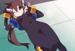 Rule 34 | 1girl, aile (mega man zx), black bodysuit, blue jacket, bodysuit, breasts, brown hair, cropped jacket, gradient background, green background, green eyes, jacket, kaidou zx, long hair, medium breasts, mega man (series), mega man zx, mega man zx advent, no pants, one eye closed, open clothes, open jacket, ponytail, robot ears, solo, white background