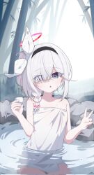 1girl alternate_hair_length alternate_hairstyle black_hairband blue_archive braid cinamon_(cinamori) cup eyes_visible_through_hair hair_over_one_eye hair_ribbon hairband highres holding holding_cup looking_at_viewer naked_towel onsen open_mouth partially_submerged plana_(blue_archive) purple_eyes ribbon short_hair sidelocks single_braid solo towel v white_hair white_ribbon