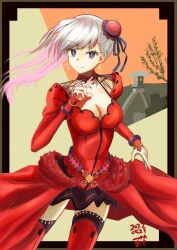 Rule 34 | 1girl, 2022, absurdres, belt, black skirt, black thighhighs, blue eyes, blue ribbon, bracelet, branch, breasts, cleavage, closed mouth, collar, commentary request, cowboy shot, dated, dress, earrings, fate/grand order, fate (series), fur (clothing), hand up, highres, jewelry, large breasts, long hair, long sleeves, looking at viewer, miyamoto musashi (fate), multicolored hair, pink hair, red collar, red dress, red thighhighs, ribbon, skirt, smile, solo, thighhighs, tsukaasa, two-tone hair, two-tone thighhighs, white hair, zettai ryouiki