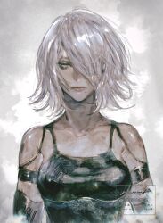 Rule 34 | 1girl, a2 (nier:automata), absurdres, android, breasts, closed mouth, commentary request, eyelashes, grey background, hair over one eye, highres, medium breasts, medium hair, mole, mole under mouth, moony (mogmogmelt), nier:automata, nier (series), solo, watermark, white hair