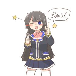 1girl ;d black_hair black_jacket black_skirt blazer blush_stickers bow brown_sweater chibi finger_gun hair_ornament hairclip hand_up holding holding_microphone jacket long_hair long_sleeves looking_at_viewer microphone nijisanji one_eye_closed open_mouth pink_bow pleated_skirt purple_eyes rebecca_(keinelove) school_uniform skirt smile solo sweater thighhighs tsukino_mito tsukino_mito_(1st_costume) very_long_hair virtual_youtuber white_thighhighs