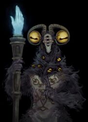 Rule 34 | 1boy, absurdres, black background, black nails, body piercings, disembodied eye, elden ring, elden ring nightreign, extra eyes, fingernails, goat horns, goat legs, highres, holding, holding staff, horizontal pupils, horns, kuji-in, libra (elden ring), mage staff, monster, monster focus, mudra, sharp fingernails, shl shalopai, solo, staff, upper body, very big eyes