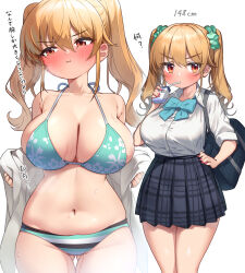 Rule 34 | 1girl, bag, bikini, bikini day, blonde hair, blush, breasts, drinking, embarrassed, green scrunchie, highres, kuromasu, large breasts, long hair, navel, nishikawa erina (kuromasu), original, pout, red eyes, school bag, school uniform, scrunchie, skirt, solo, swimsuit, twintails, undressing