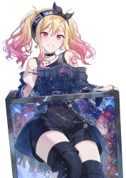 1girl absurdres bare_shoulders belt black_boots black_choker black_shirt black_shorts blonde_hair blue_belt boots bow_hairband box breast_pocket breasts buttons chest_tattoo choker collarbone commentary_request cowboy_shot denim denim_jacket earrings fingernails galaxy gradient_hair hair_between_eyes hairband highres in_box in_container jacket jewelry long_fingernails long_sidelocks long_sleeves looking_at_viewer medium_breasts multicolored_hair multiple_rings necklace off-shoulder_jacket off_shoulder official_alternate_costume pink_eyes pink_hair pocket project_sekai ring shirt shorts sidelocks single-shoulder_shirt smile solo star_(symbol) star_earrings star_tattoo tattoo teeth tenma_saki thigh_boots thighs timmoo tsunagu_hoshi_no_uta_(project_sekai) wide_sleeves