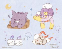 6+others closed_eyes closed_mouth crescent_moon drifblim drifloon gen_1_pokemon gen_4_pokemon gen_5_pokemon gengar heart highres hisuian_zorua litwick mian_(user_kwcj2833) moon multiple_others nintendo no_humans on_pillow on_stairs pokemon pokemon_(creature) sitting sitting_on_stairs sky sleeping sleeping_together stairs star_(sky) starry_sky tagme twitter_username zzz