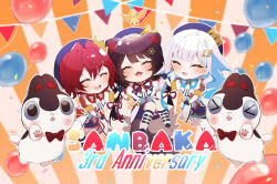 &gt;_&lt; 3girls ^_^ ange_katrina animal animal_ears anniversary balloon banken_(inui_toko) beret bird blue_gloves blue_hair blue_hat blue_ribbon blue_shorts blue_skirt blue_socks blue_thighhighs blush boots bow bowtie braid brown_hair brown_tail bunting chibi closed_eyes colored_inner_hair commentary_request confetti crown_hat_ornament dog_ears dog_girl dog_tail fangs flower frilled_skirt frills full_body gloves group_name group_picture hair_between_eyes hair_flower hair_intakes hair_ornament hair_ribbon hairclip hand_up hands_up hat holding_hands inui_toko jacket leg_ribbon lize_helesta long_hair low_twin_braids medium_hair miniskirt monocle multicolored_hair multiple_girls neck_ribbon nijisanji open_mouth orange_background outline purple_ribbon red_bow red_bowtie red_hair red_ribbon ribbon sanbaka_(nijisanji) sanbaka_anniversary_outfit sebastian_piyodore shigure_(sigre) short_sleeves shorts single_hair_intake single_sidelock single_wrist_cuff skirt smile socks streaked_hair striped_background tail teeth thighhighs twin_braids upper_teeth_only very_long_hair virtual_youtuber white_boots white_hair white_jacket white_outline white_wrist_cuffs wrist_cuffs wrist_ribbon yellow_bird zettai_ryouiki