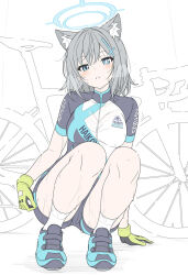 1girl animal_ear_fluff animal_ears bicycle bike_jersey blue_archive blue_eyes blue_halo blue_shoes blush breasts bright_pupils commentary cross_hair_ornament cycling_uniform gloves green_gloves grey_hair hair_ornament halo heavy_breathing highres looking_at_viewer medium_breasts mismatched_pupils official_alternate_costume shiroko_(blue_archive) shiroko_(cycling)_(blue_archive) shoes short_hair solo squatting sweat t1kosewad wet wet_clothes white_pupils