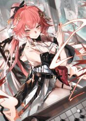1girl bare_shoulders changli_(wuthering_waves) closed_mouth dress hair_between_eyes highres long_hair milbi pink_hair smile solo white_dress white_hair wuthering_waves yellow_eyes