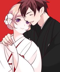 1boy 1girl black_kimono blonde_hair blush couple closed_eyes hair_ornament hairclip happy highres husband_and_wife japanese_clothes kimono married nakiri_erina purple_eyes red_hair s2kns1 shokugeki_no_souma short_hair uchikake wedding white_kimono yukihira_souma
