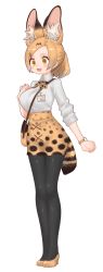 1girl absurdres adapted_costume alternate_hairstyle animal_ear_fluff animal_ears animal_print bag black_pantyhose blonde_hair blush bow bowtie collared_shirt commentary_request extra_ears fang hair_ornament hairclip handbag high_heels highres kemono_friends name_tag notora office_lady open_mouth pantyhose pencil_skirt ponytail print_bow print_bowtie print_neckwear print_skirt serval_(kemono_friends) serval_tail shirt shoes short_hair short_sleeves skirt sleeves_rolled_up solo tail watch white_shirt yellow_eyes yellow_shoes