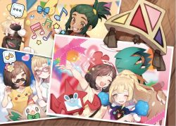 Rule 34 | ..., 2boys, 2girls, :&lt;, alolan form, alolan raichu, blonde hair, blush, brown eyes, brown hair, closed eyes, collarbone, commentary request, cosmog, decidueye, fake facial hair, fake mustache, gen 1 pokemon, gen 4 pokemon, gen 7 pokemon, gladion (pokemon), glasses, green eyes, green hair, hau (pokemon), heart, holding, holding pokemon, legendary pokemon, lillie (pokemon), long hair, multiple boys, multiple girls, musical note, nintendo, one eye closed, open mouth, photo (object), pikachu, pink-framed eyewear, pokemon, pokemon (creature), pokemon sm, rotom, rotom dex, rowlet, selene (pokemon), shirt, short sleeves, spoken ellipsis, spoken musical note, star (symbol), teeth, yellow shirt, zuizi