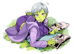 1girl ^^^ ass blush bodysuit breasts cheelai chips_(food) chuya_hukuaka commentary_request dragon_ball dragon_ball_super dragon_ball_super_broly eating eyelashes female_focus fingernails food food_in_mouth full_body grass grey_hair hood hood_down hooded_jacket jacket looking_away lying magazine_(object) medium_breasts pillow potato_chips purple_eyes short_hair solo sweatdrop