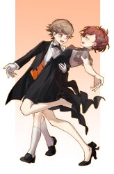 Rule 34 | 1boy, 1girl, age difference, amada ken, black bow, black bowtie, black dress, black jacket, black shoes, black shorts, blush, bow, bowtie, brown background, brown eyes, brown hair, closed eyes, commentary request, dress, eca leaf, formal clothes, gradient background, hair ornament, hand on another&#039;s back, hand on another&#039;s shoulder, high heels, highres, jacket, looking at viewer, open mouth, outstretched arm, persona, persona 3, persona 3 portable, shiomi kotone, shirt, shoes, shorts, smile, socks, standing, standing on one leg, suit, white background, white shirt, white socks, x hair ornament