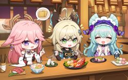 3girls ahoge animal_ear_piercing animal_ears aqua_hair arm_rest blonde_hair bow bowl cavcaz chibi chibi_only chopsticks clenched_hands closed_eyes commentary counter crossed_bangs dango dango_milk_(genshin_impact) detached_sleeves elbow_rest english_commentary facing_viewer fish_(food) floppy_ears food fox_ears frilled_hairband frills genshin_impact green_eyes hair_between_eyes hair_bow hair_ornament hairband hairclip hands_up happy highres holding holding_chopsticks index_finger_raised indoors japanese_clothes kimono kirara_(genshin_impact) long_hair looking_at_another looking_at_food maid multiple_girls nigirizushi nontraditional_miko noodles onigiri open_mouth pink_hair pink_kimono plate pointy_ears purple_eyes ramen restaurant sakura_mochi_(genshin_impact) sanshoku_dango side-by-side sitting sleeveless sleeveless_kimono speech_bubble spoken_food sushi upper_body wa_maid wagashi wide_sleeves yae_miko yumemizuki_mizuki