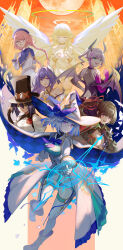 6+girls absurdres angel angel_wings braided_twintails brown_hair commentary full_moon gloves halo hat highres horns moon multiple_girls o2_(rin617) original pink_hair pointy_ears ponytail top_hat white_gloves wings witch_hat