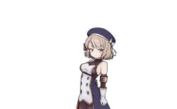 &gt;:( 1girl azur_lane bare_shoulders beret blue_dress blue_hat blush bodysuit bodysuit_under_clothes bow breasts brown_bodysuit brown_hair brown_sleeves closed_mouth detached_sleeves dress gloves grey_gloves hair_bow hat hat_bow highres light_frown long_sleeves looking_to_the_side medium_breasts purple_eyes rock_zinc simple_background sleeveless sleeveless_dress solo striped_bow v-shaped_eyebrows white_background white_bow z23_(azur_lane)