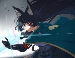 1girl animal_ear_fluff animal_ears black_hair fox_ears fox_girl green_jacket gyuhii high-waist_skirt hoshimi_miyabi jacket katana long_hair red_eyes skirt straight_hair sword weapon zenless_zone_zero