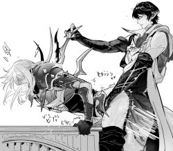 2boys ^^^ anal armor aymeric_de_borel bare_shoulders bent_over blush clothes_pull coat desk elbow_gloves estinien_varlineau feet_out_of_frame final_fantasy final_fantasy_xiv fingerless_gloves gloves greyscale hand_on_another&#039;s_hip heart highres long_hair looking_down male_focus male_penetrated monochrome motion_lines multiple_boys open_mouth pants pants_pull pauldrons pointy_ears poooto10 sex short_hair shoulder_armor simple_background sound_effects spiked_armor white_background yaoi