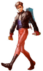 1boy bag belt blue_eyes bodysuit calborn dc_comics gloves jacket kon-el male_focus solo superboy superman_(series) walking